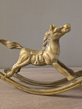 Vintage Brass Moveable Rocking Horse Heavy Baby Shower Nursery Patina VTG Golden